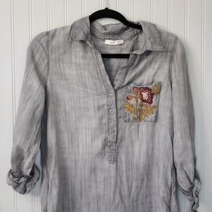 DEX  GRAY SHIRT DRESS WITH RUST COLOR  EMBROIDERY  SIZE S